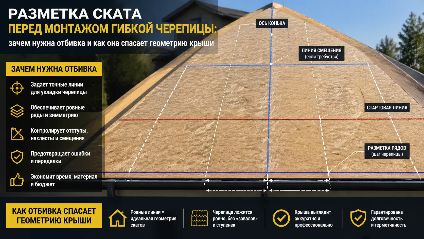 Разметка ската перед монтажом гибкой черепицы