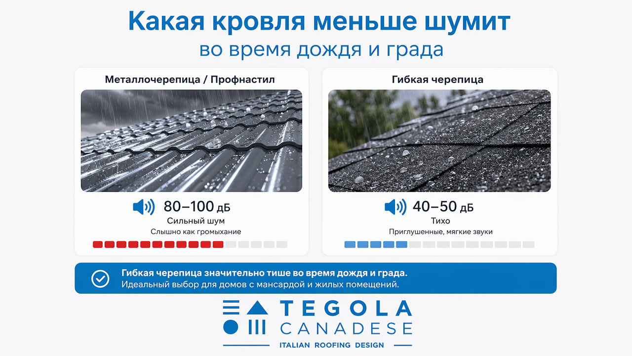 Какая кровля меньше шумит во время дождя и града